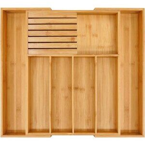 Bamboo Silverware Drawer Organizer Expandable Utensil Tray with Knife Block